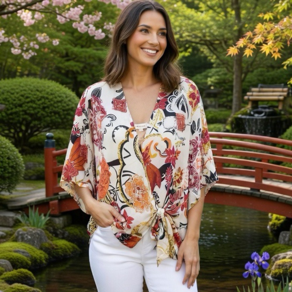 Chico's 100% Silk Asian Floral Cream Wrap Top Delicate Unique Size 3 XL Kimono